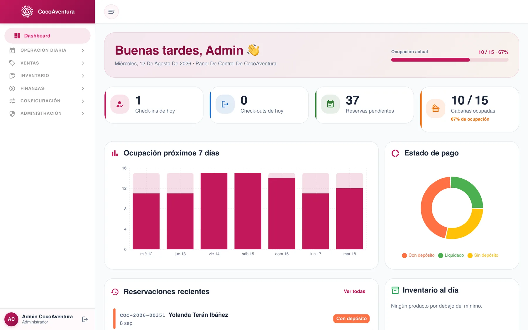 Calendario, reservaciones y check-in, captura 1