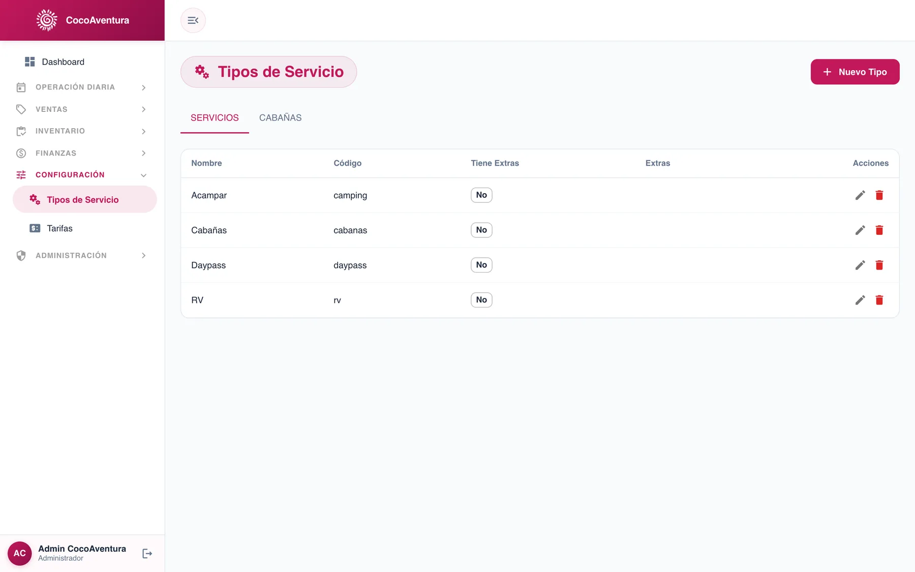 Tarifas, cabañas y control de accesos, captura 3