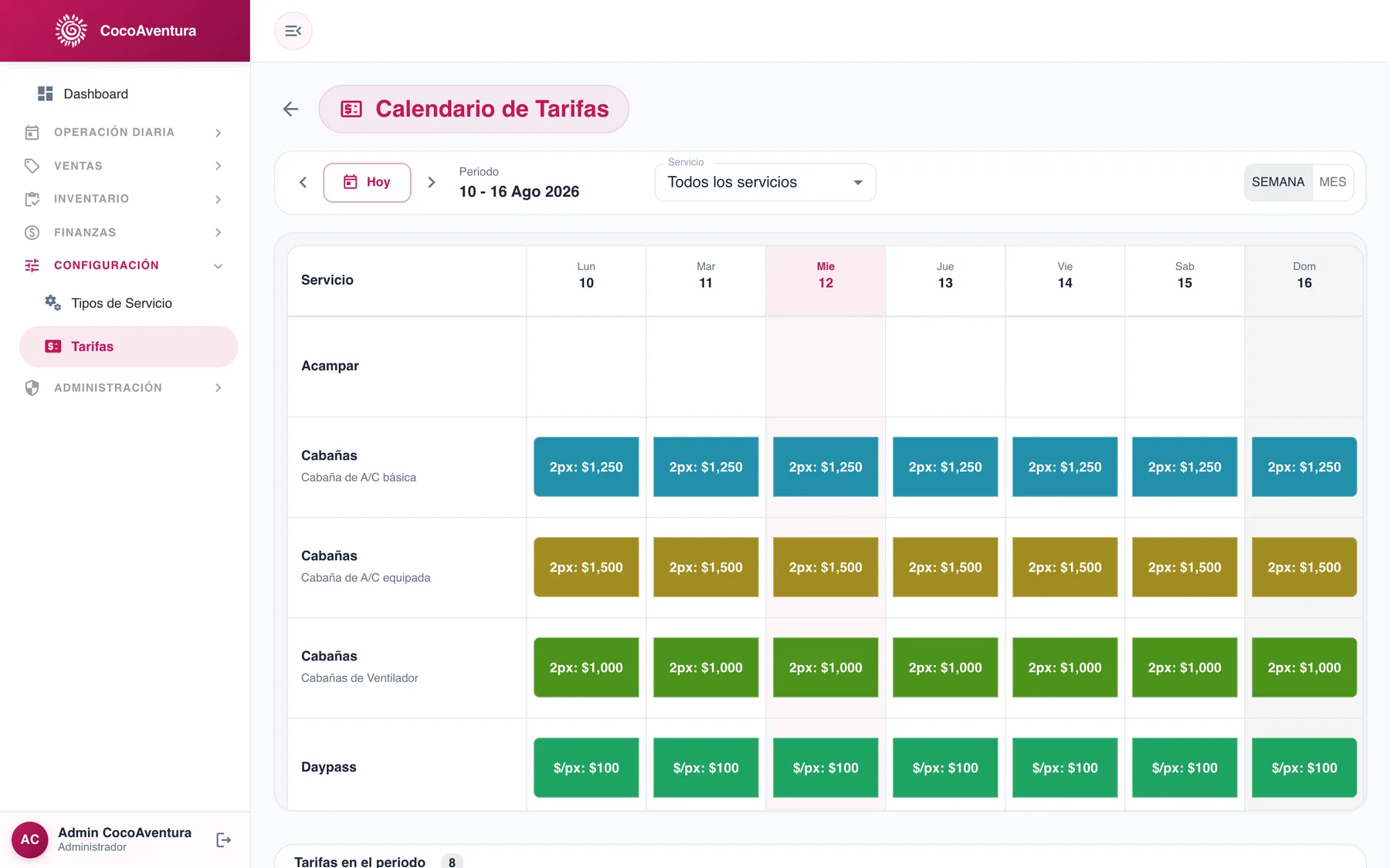 Tarifas, cabañas y control de accesos, captura 2