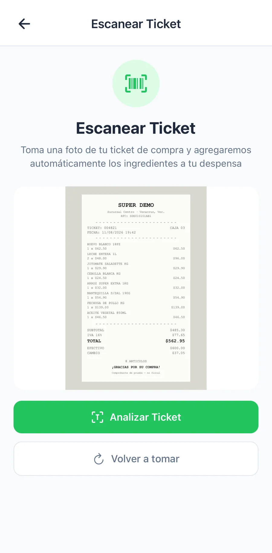 Escaneo de tickets y asistente con IA, captura 2