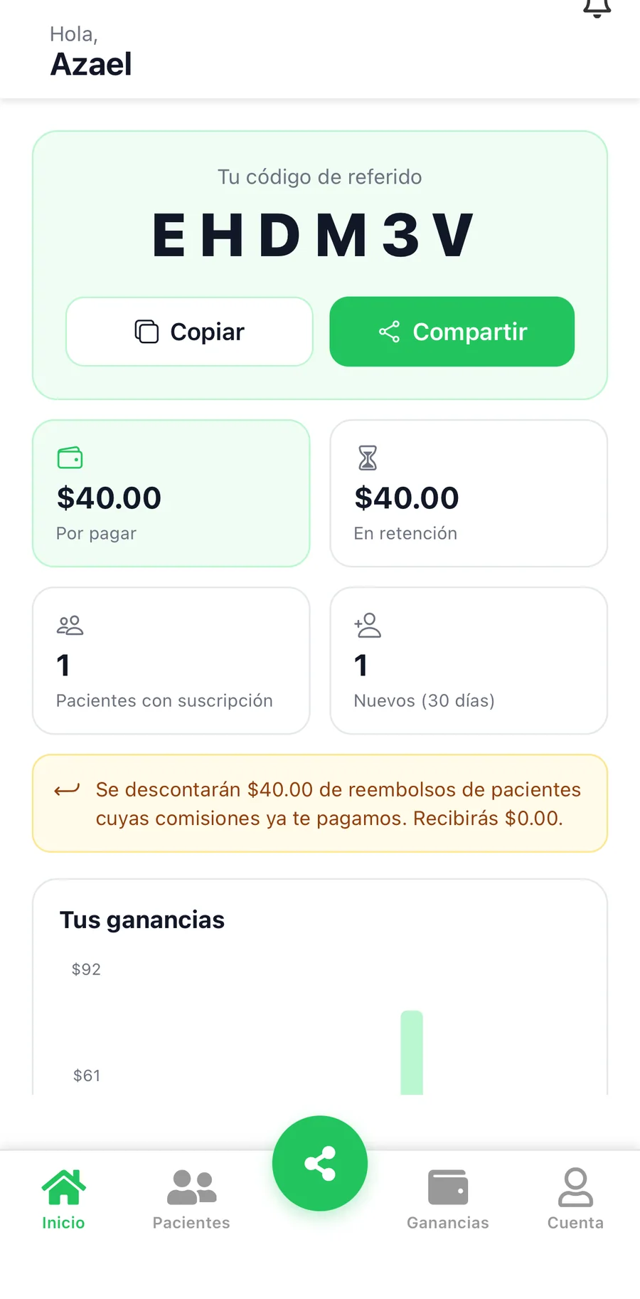 La app en modo nutriólogo, captura 1