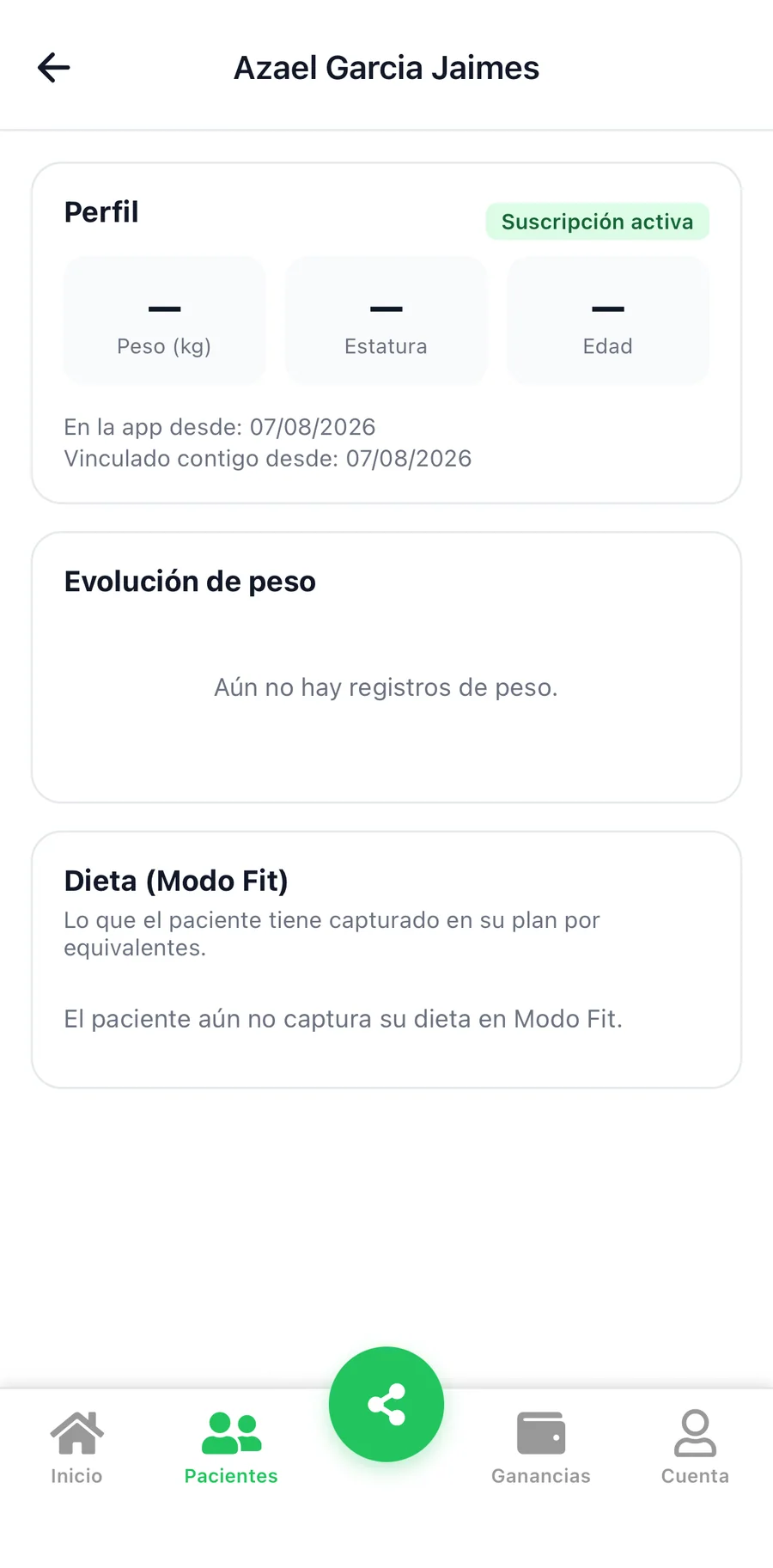 La app en modo nutriólogo, captura 4