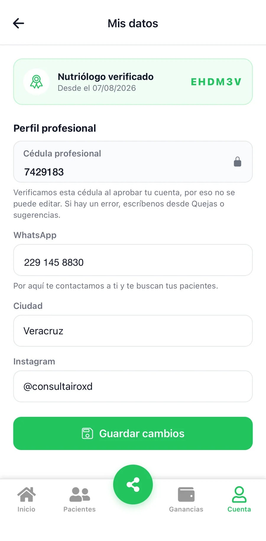 La app en modo nutriólogo, captura 6